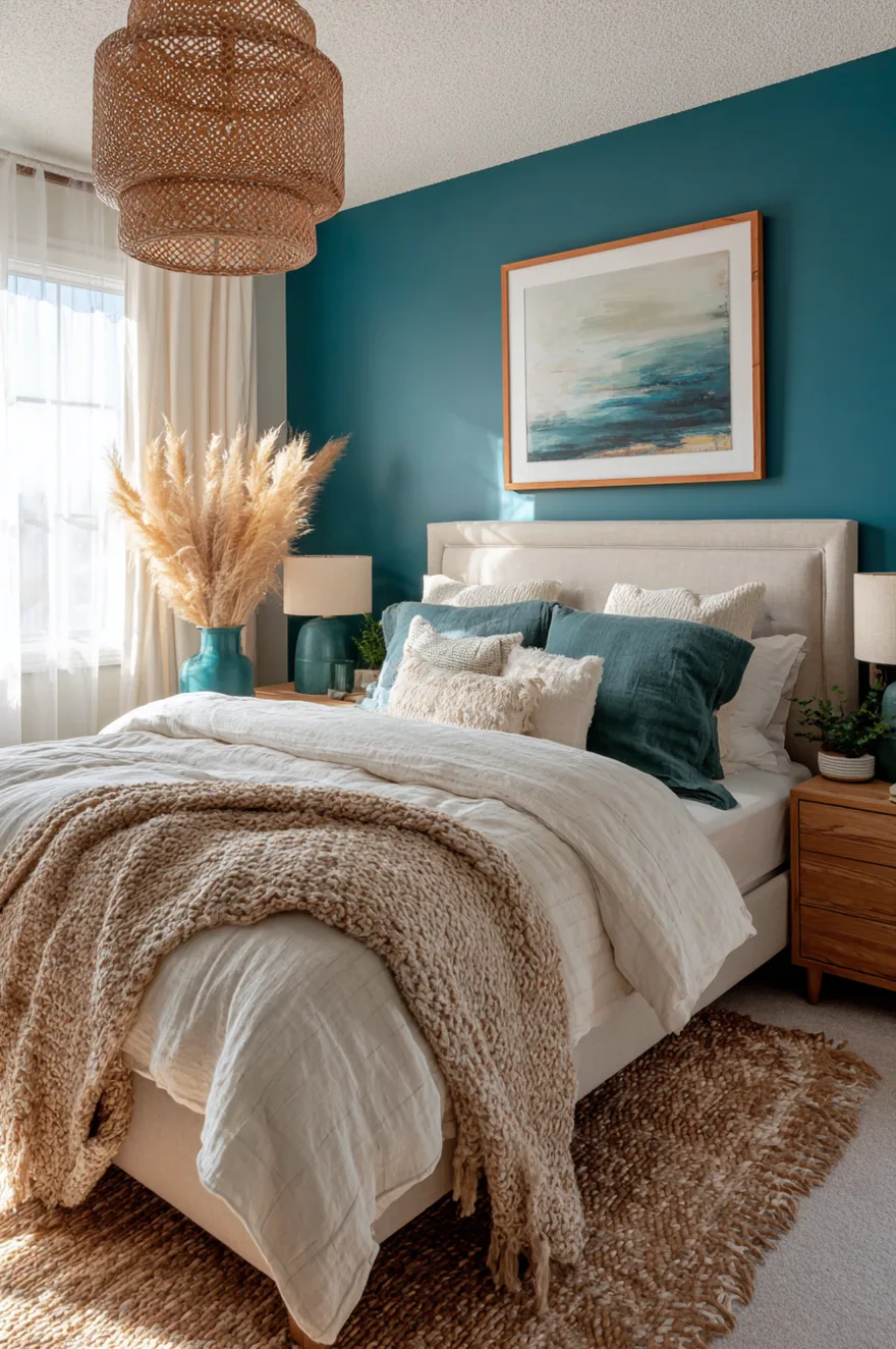 A bedroom featuring a dark teal accent wall behind a beige upholstered headboard. The bed is styled with white linens, dark teal linen pillows, and a chunky knit tan blanket. A large woven rattan pendant light hangs from the ceiling.