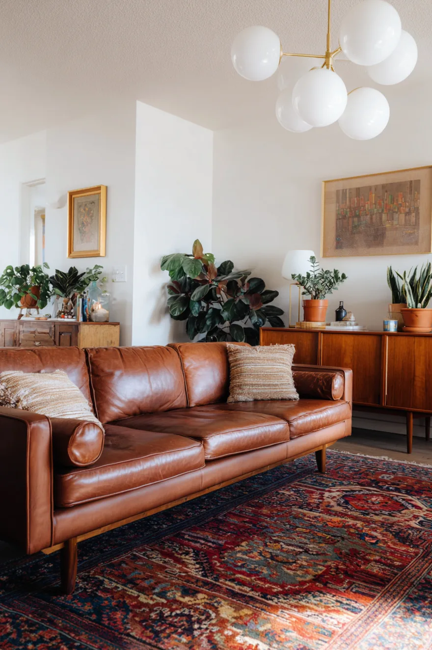 A mid-century living room featuring a brown leather sofa positioned on a vintage, highly patterned red and blue rug. A wooden credenza holding various potted plants sits against a white wall under a white globe chandelier.