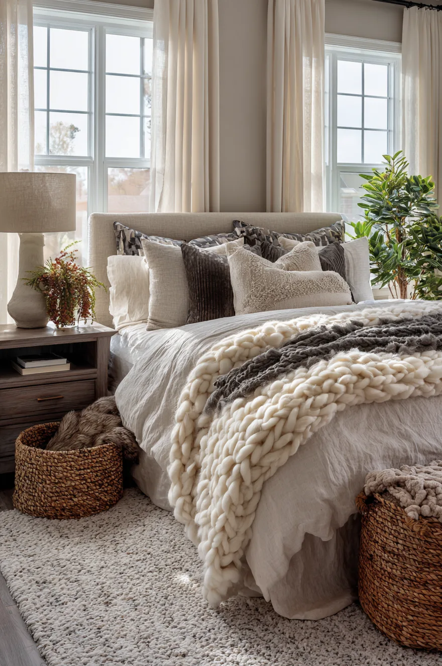 Close up of a bed layered with a chunky knit blanket, velvet pillows, and linen duvet in neutral tones.