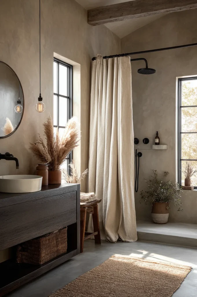 A moody bathroom with textured beige plaster walls, a long linen shower curtain on a black rod, black plumbing fixtures, a dark wood vanity, and dried pampas grass decor.
