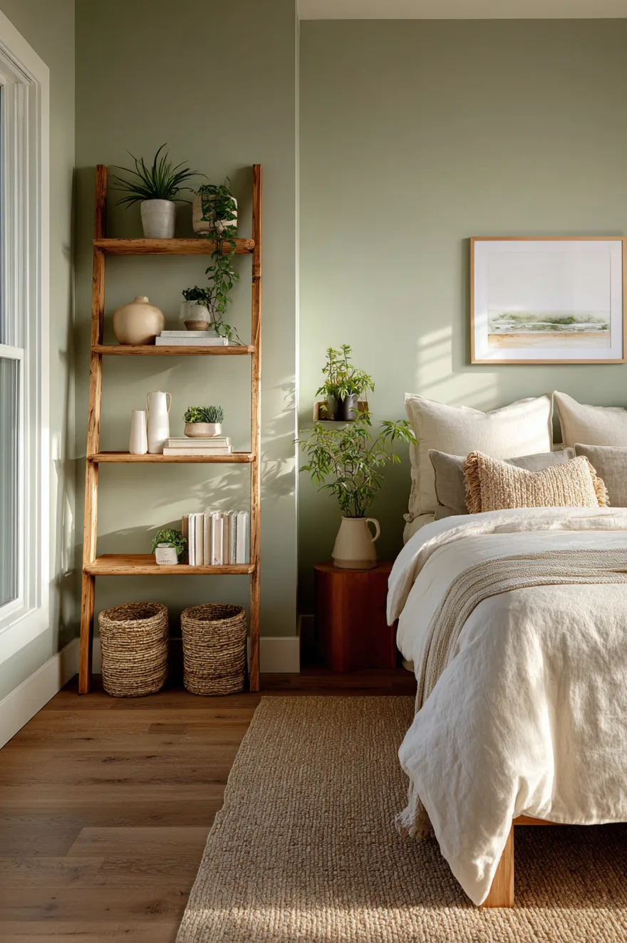 Raw pine ladder shelf leaning against a sage green bedroom wall with woven baskets on lower rungs, ceramic vases mid-height, and an air plant and watercolor print at the top.