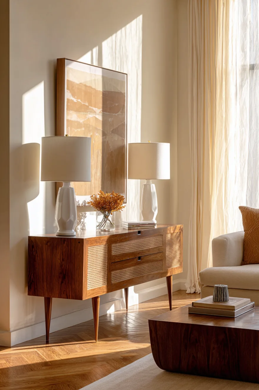 Walnut console on splayed tapered legs with a cane-front drawer, two tulip-shade lamps, and a large abstract print leaning above the TV on a herringbone parquet floor.