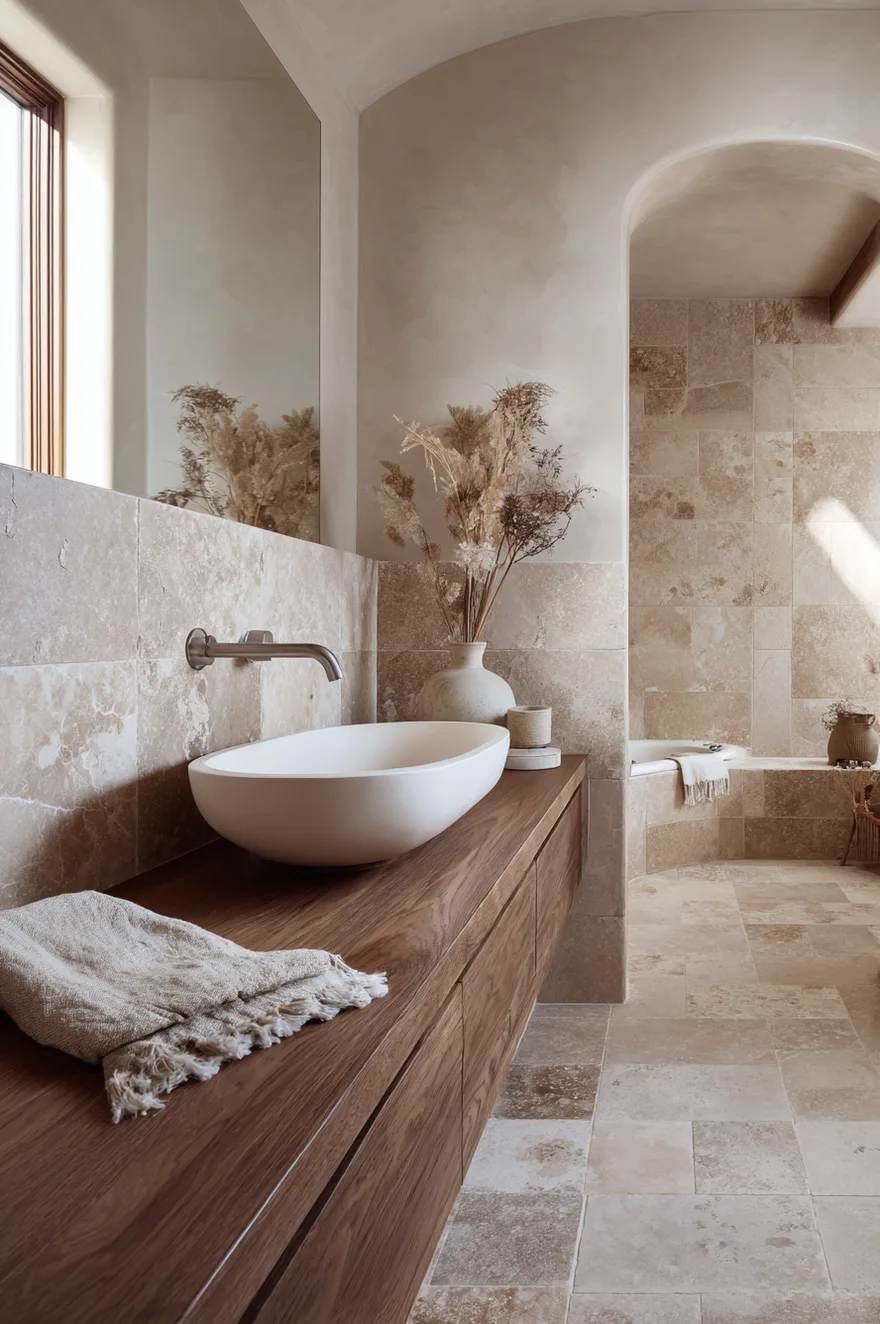 Unfilled travertine tile floor and half-wall beside a walnut floating vanity with an oval undermount sink and dried botanical sprig in an organic modern bathroom.