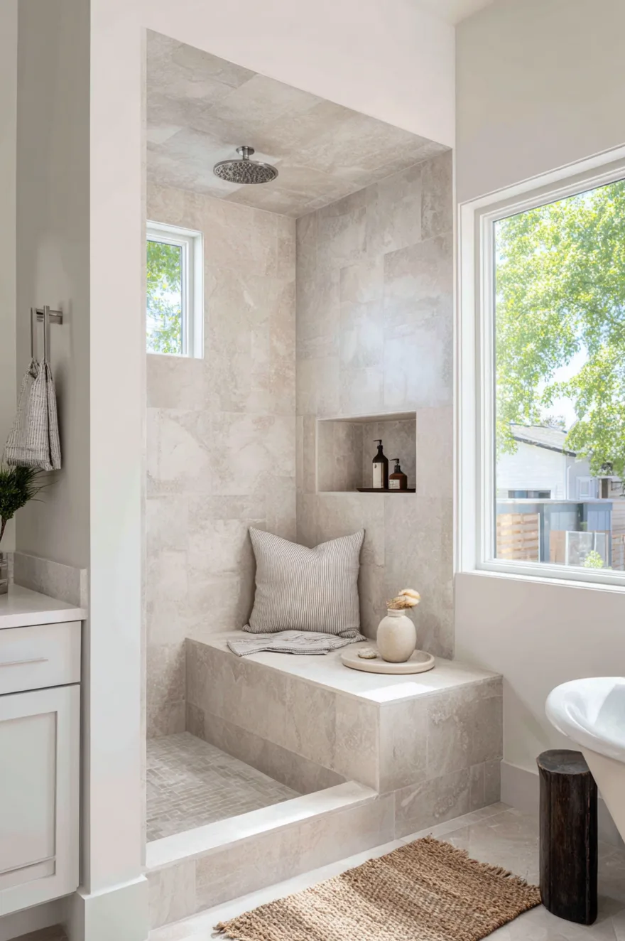Doorless walk in shower in a warm greige large-format porcelain alcove with a built-in niche bench and a natural light window above the shower head.