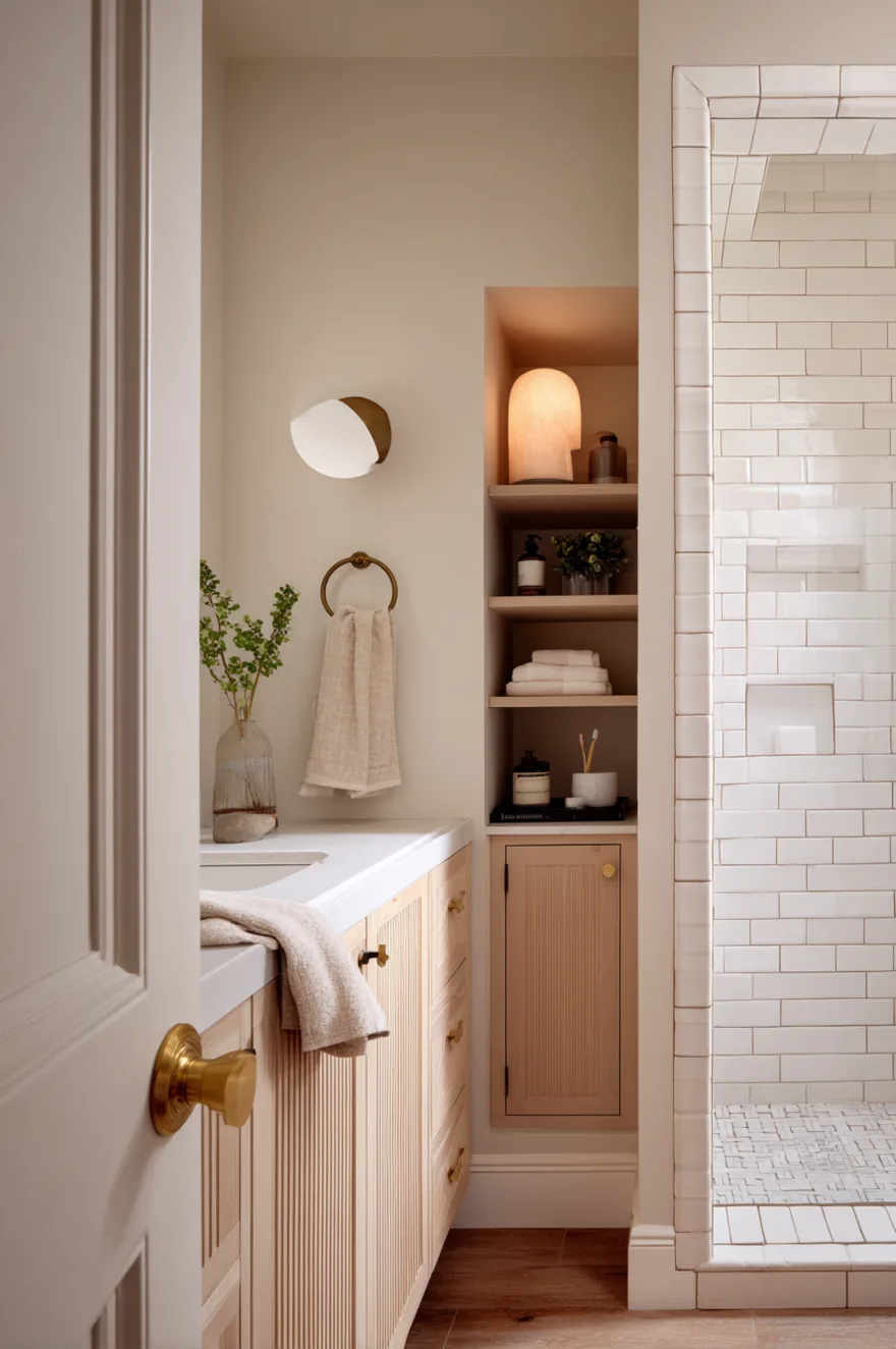 Narrow fluted white oak vanity built into a 30-inch alcove with unlacquered brass pulls, a round alabaster wall sconce glowing warmly, and white subway tile with warm white grout.