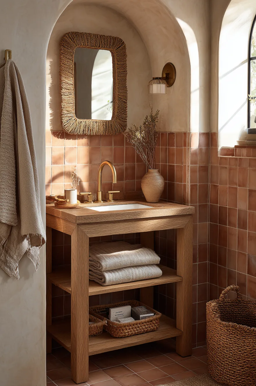Twenty-four-inch smoked oak single-sink vanity with open lower shelves in a small bathroom with a terracotta zellige tile backsplash and a rattan mirror frame.