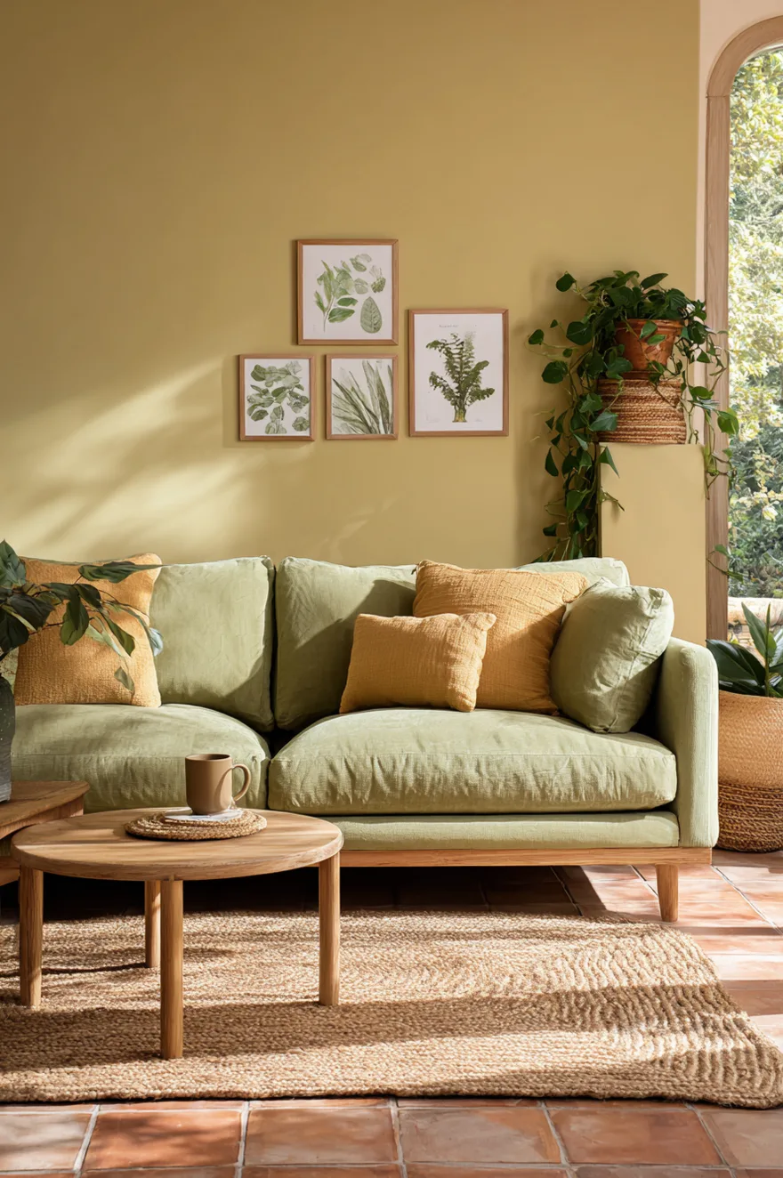 Warm sage green sofa against a soft golden yellow wall with terracotta tile floor, botanical prints, and a fiddle leaf fig in a sunny casual living room.