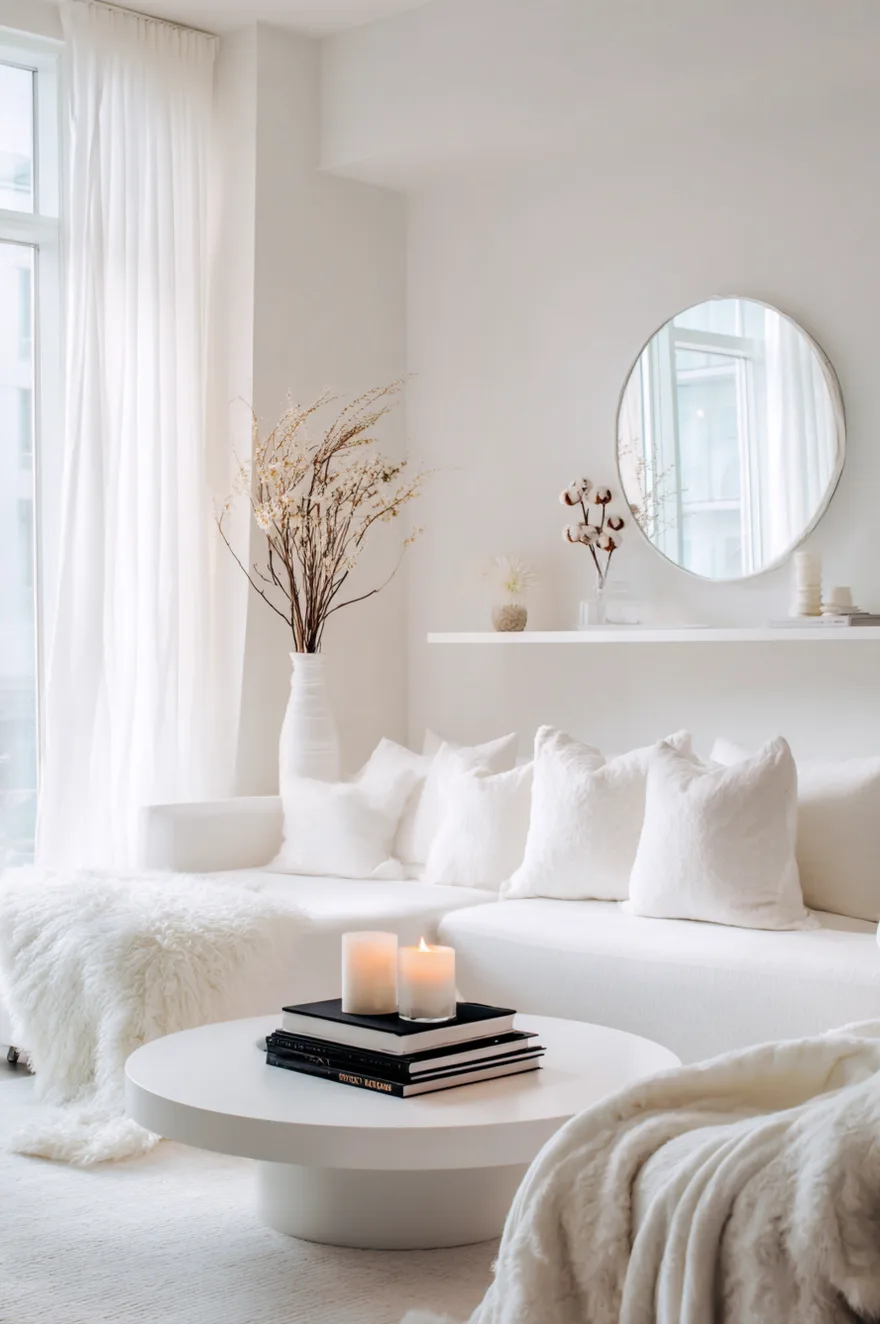 Aesthetic white living room corner with a round mirror, floating shelf, and cozy white sectional sofa.