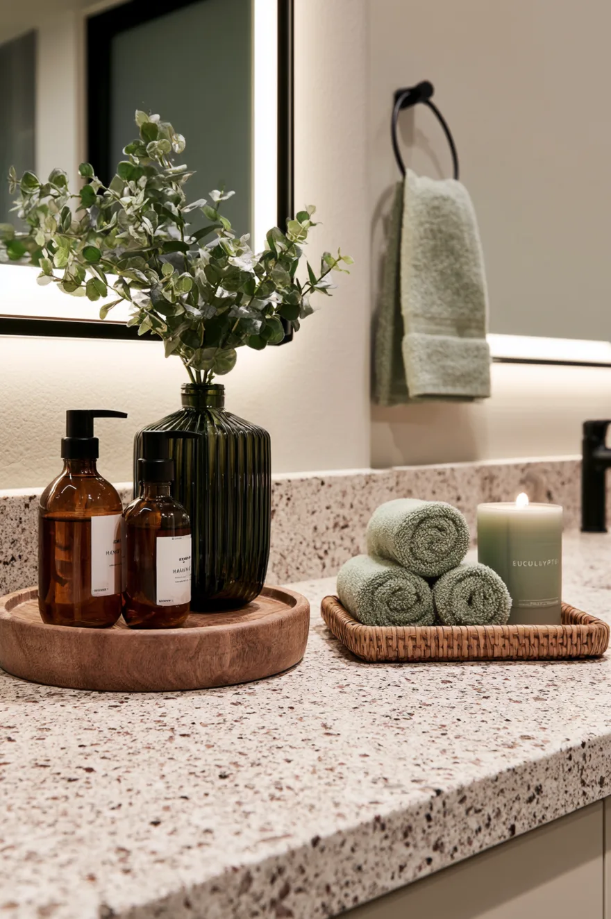 Terrazzo countertop with a round wood tray holding amber pump bottles and a dark green ribbed vase with eucalyptus. Next to it, a small woven basket holds rolled sage towels and a green candle labeled eucalyptus.