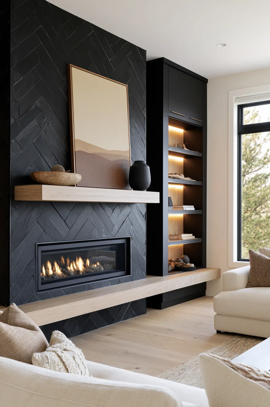 Dark charcoal slate tile in a herringbone pattern on a fireplace bump-out with a continuous light oak floating mantel and bench.