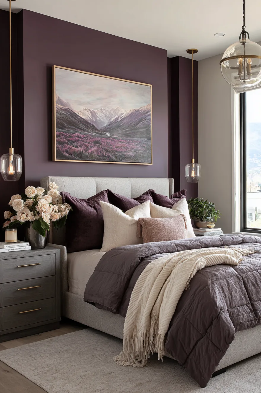A bedroom with a deep purple accent wall behind a gray tufted headboard, featuring mountain landscape art and brass globe pendant lighting.