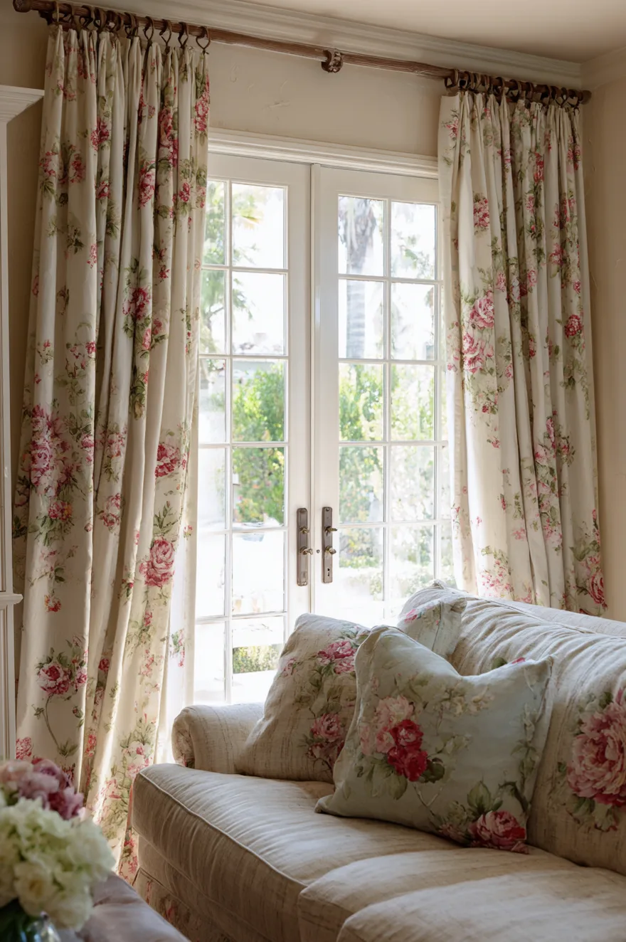 A bright living room featuring a set of French doors framed by full-length cream curtains with a large-scale pink rose pattern. The curtains are hung from a dark wood rod with simple rings. A matching floral upholstered sofa sits in the foreground, creating a cohesive and romantic cottage-inspired aesthetic.