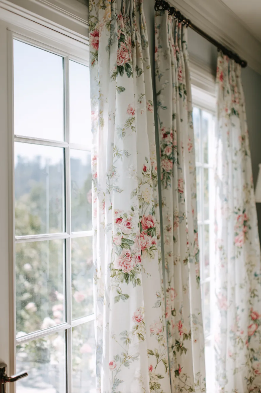 A detailed view of light-colored floral curtains featuring pink roses and green leaves, hanging from a dark decorative rod. The curtains are pulled back to reveal a white-framed window with a view of a sunlit garden and pink flowers. The lighting is soft and airy, emphasizing the delicate nature of the fabric.