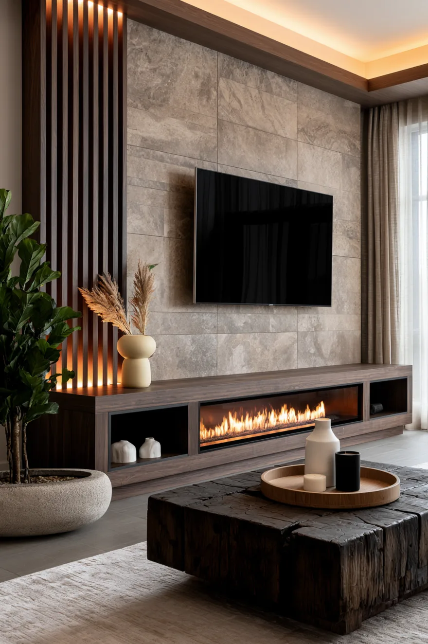 Modern luxury feature wall combining large grey marble-look stone cladding tiles with a vertical column of dark walnut wood slats on the left, illuminated by warm integrated backlighting. A flat screen television is wall-mounted over a long dark wood media console housing a built-in linear electric fireplace with dancing orange flames. A large textured concrete pot holds a mature fiddle-leaf fig tree on the far left. In the foreground, a dark, heavy reclaimed wood block coffee table features a round wooden tray holding a white ceramic vase with dried grass, a black jar, and a candle.