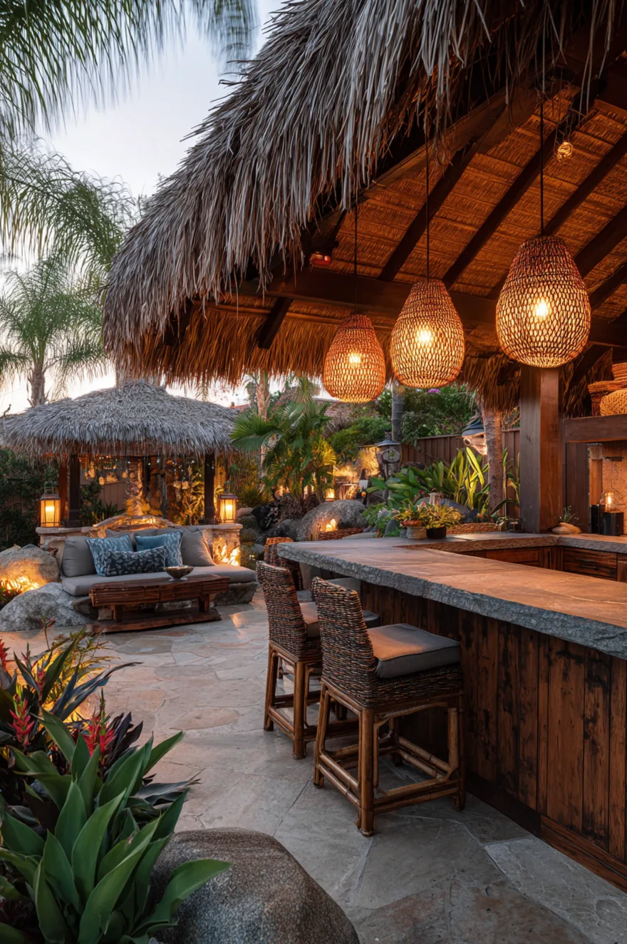 Tropical outdoor kitchen with a rustic wood island, concrete countertops, woven rattan pendant lights, dark woven bar stools, and a thatched palm roof next to a lounge area.
