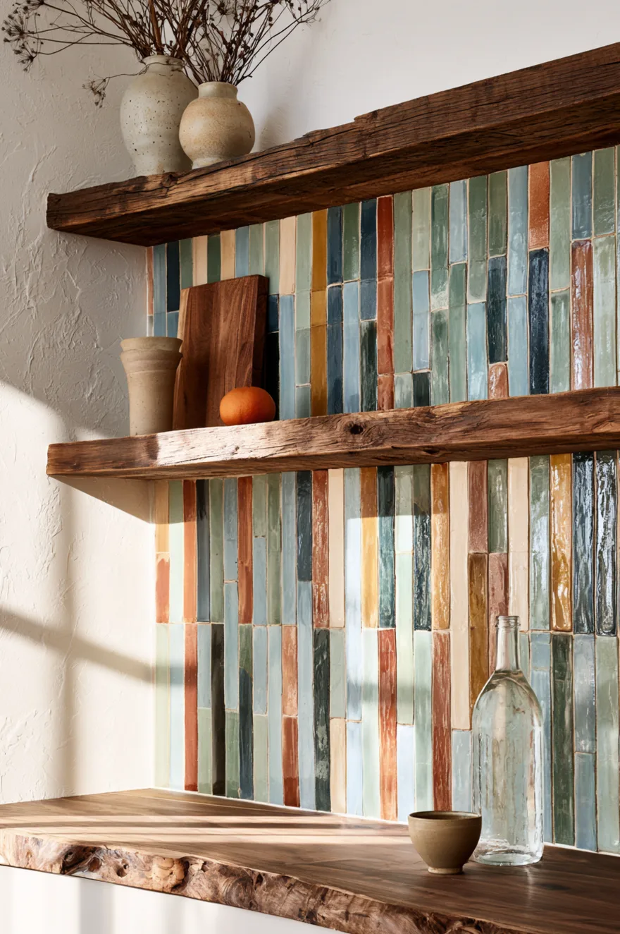 Muted multicolor vertical tiles in sage green, deep blue, terracotta, and cream on a kitchen backsplash with raw wood countertops and floating shelves.