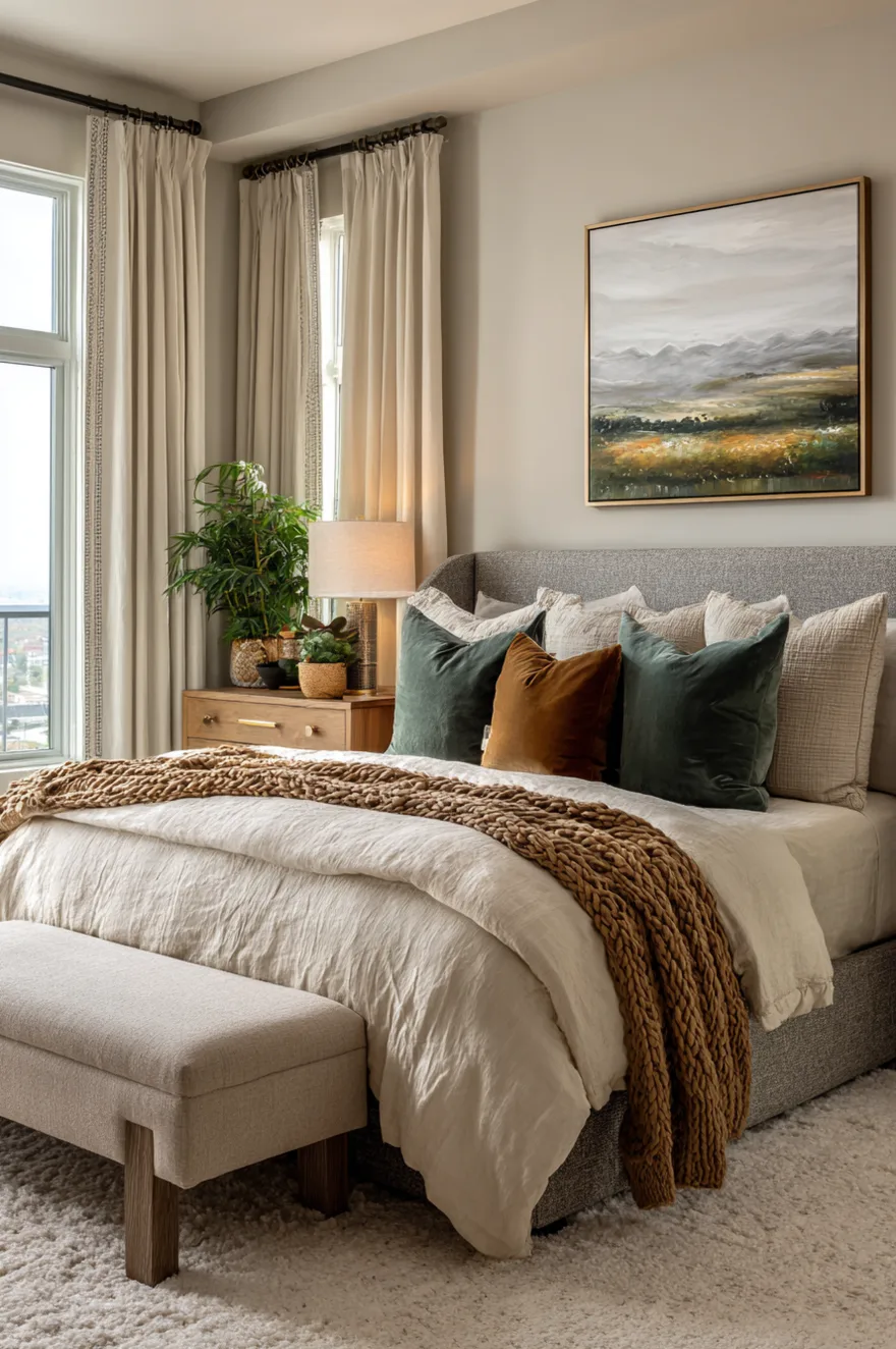 A neutral bedroom with a gray upholstered headboard. The bed features white bedding, dark green and rust velvet pillows, and a thick brown knit throw blanket. A landscape painting hangs above the bed next to a wooden nightstand.