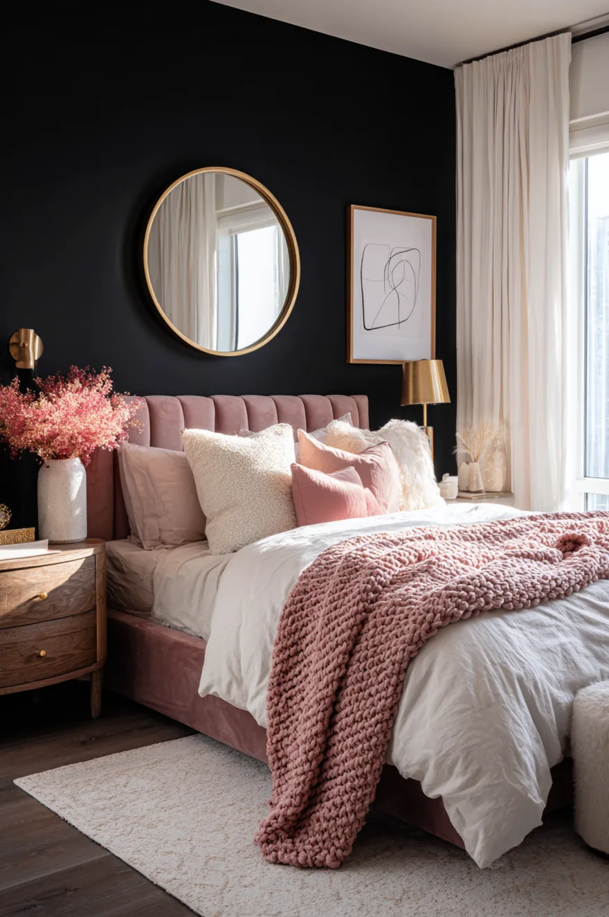A bedroom with a flat black accent wall behind a pink velvet tufted bed frame. The bed is styled with a chunky pink blanket, pink pillows, and flanked by wood nightstands and a gold mirror.