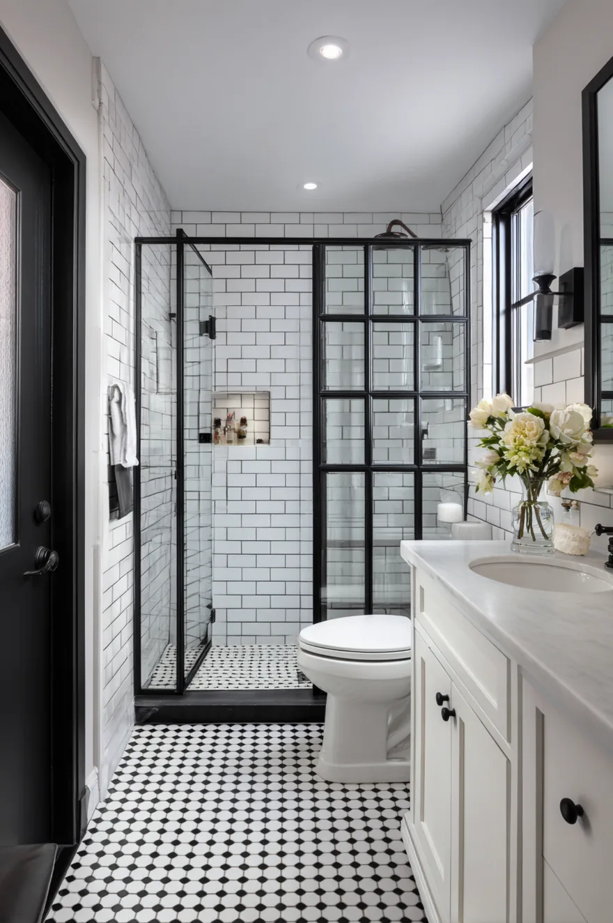 A classic black and white bathroom featuring a standing shower with white subway tiles and a black grid glass door, complemented by a black and white patterned floor and a white vanity.
