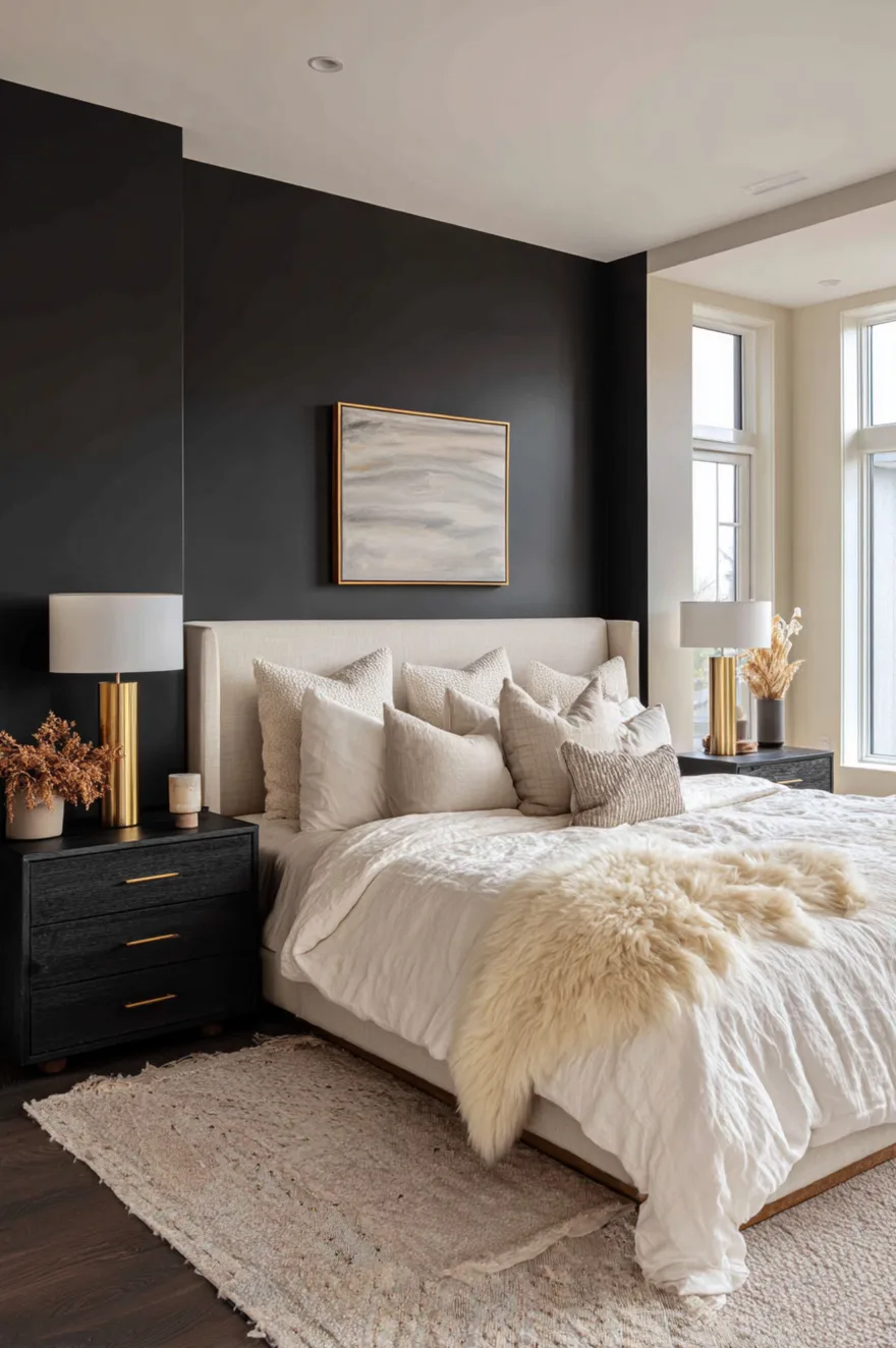 Master bedroom featuring a matte black accent wall behind a cream upholstered bed. Black wooden nightstands with gold pulls hold sleek brass cylinder table lamps. The bed is styled with textured white bedding and a fluffy white sheepskin throw, sitting beneath a gold-framed abstract painting.