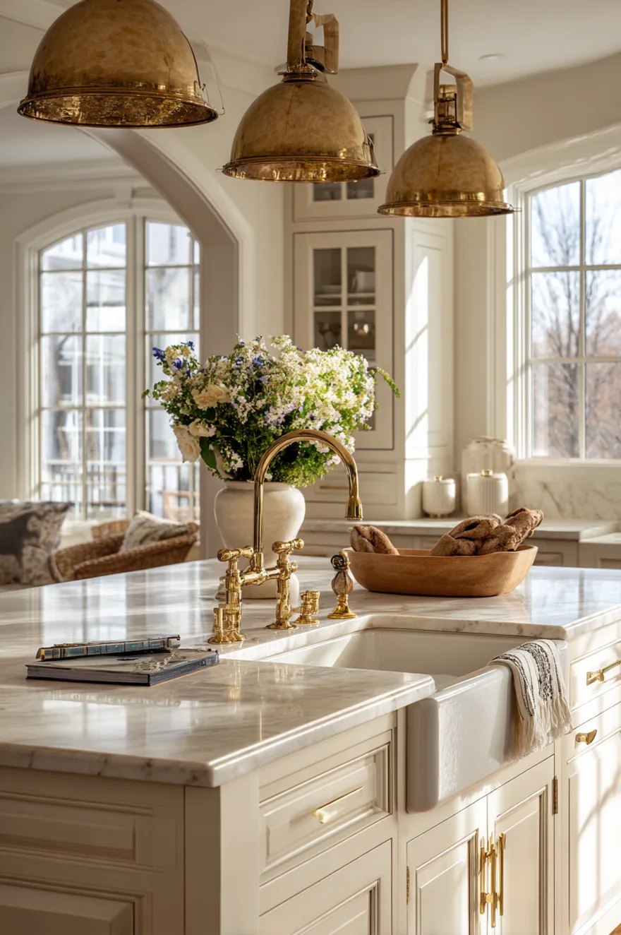 Antique brass dome kitchen pendant lights over island with a vintage patina look in a luxury kitchen.