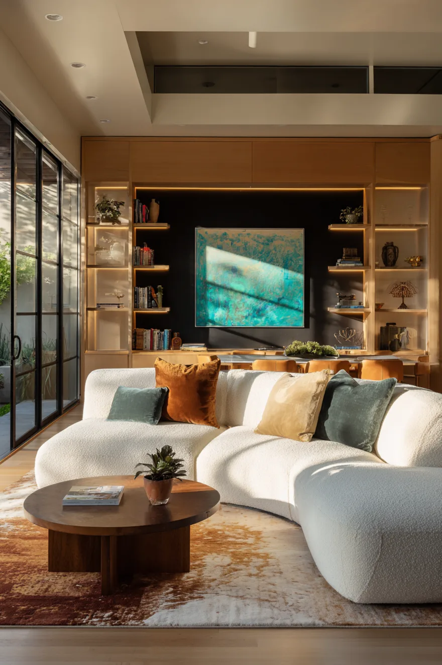 A sunlit living room with a curved white sofa and a round wooden coffee table resting on a distressed brown and white rug. The background features a large built-in black and wood shelving unit displaying a bright teal abstract painting.