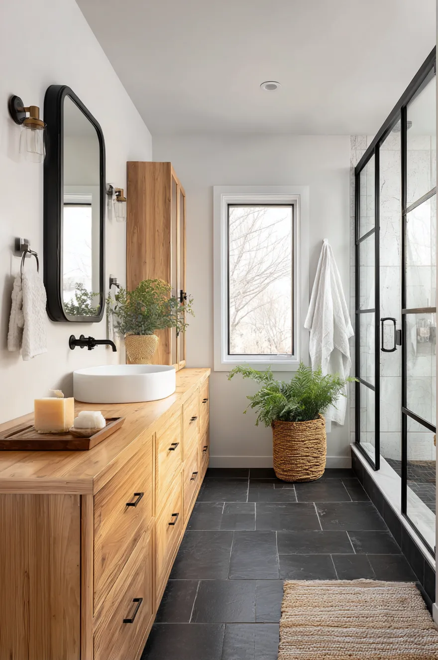 A moody bathroom design featuring dark charcoal floor tiles, dark grey walls, a white vanity, and warm glowing wall sconces.