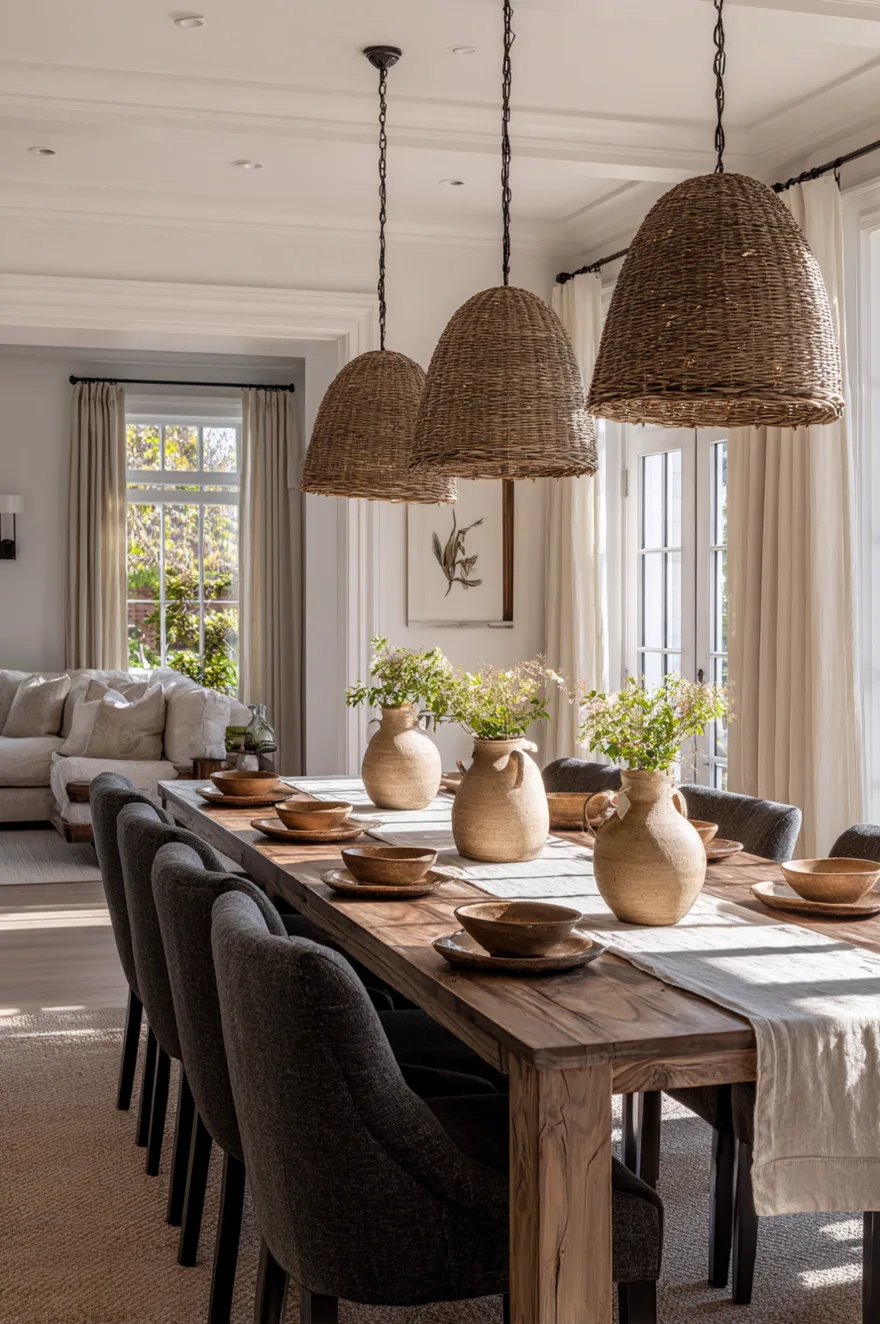 Long 84-inch rectangular dining table set for a dinner party with ample room for eight guests.
