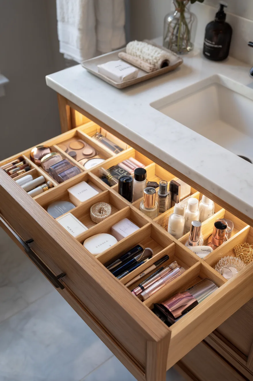 An open light wood bathroom drawer completely organized with custom wooden dividers. The perfectly sized compartments hold makeup palettes, compacts, lipsticks, and brushes without any wasted space. Warm LED lighting illuminates the inside of the drawer beneath a white countertop.