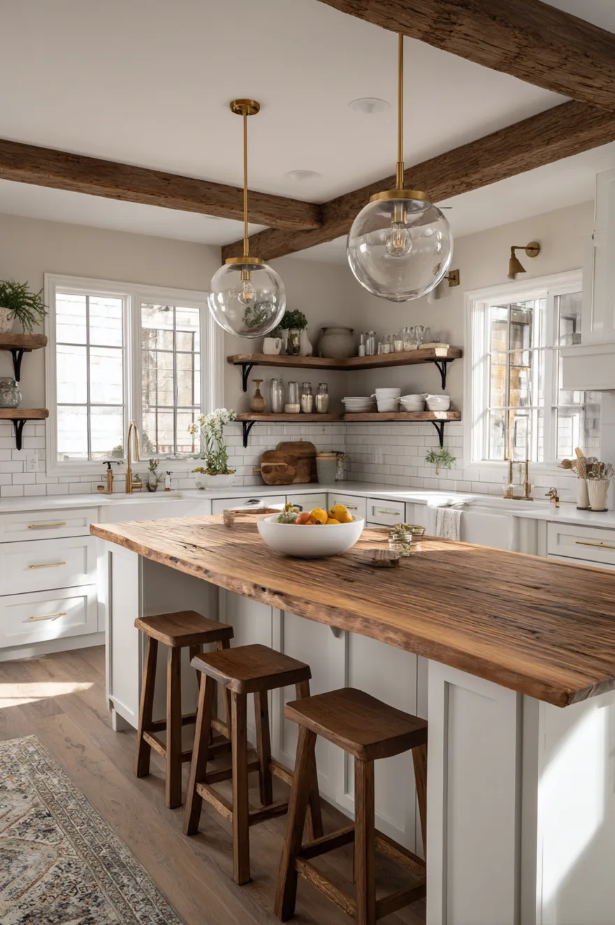 A farmhouse kitchen with white shaker cabinets, a white subway tile backsplash, and dark wood open shelving. A large kitchen island with a warm live edge wood top and wooden stools is illuminated by two glass globe pendants hanging from rustic wooden ceiling beams.