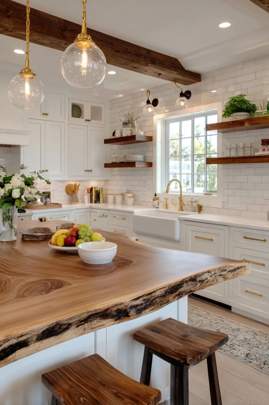 A close perspective of a thick live edge wood kitchen island top displaying a bowl of fruit. The background features white cabinets with gold hardware, a white apron front sink, subway tile, and wood floating shelves, all under rustic ceiling beams and glass pendant lights.
