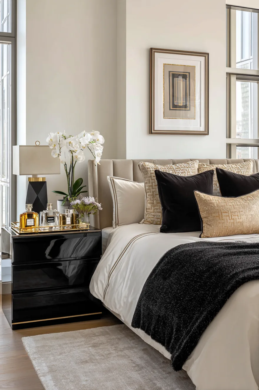 High-gloss black lacquered nightstand with brass edge detailing holding a gold tray of perfume bottles, a white orchid, and a black geometric table lamp. A cream channel-tufted bed is styled with white linens, black velvet pillows, gold geometric throw pillows, and a black textured blanket.