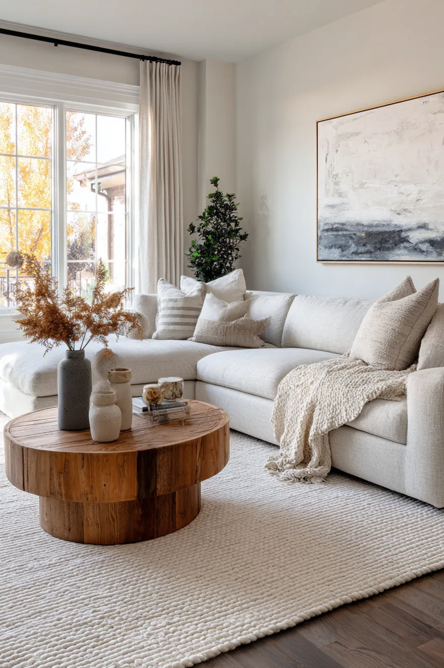 A ribbed light grey area rug creating a bright contrast against dark hardwood floors, styled with a white sofa and a chunky round wooden coffee table.