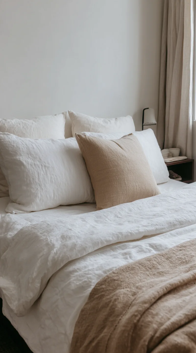 Unmade bed with textured white linen duvet and a single beige throw pillow for a calm look.