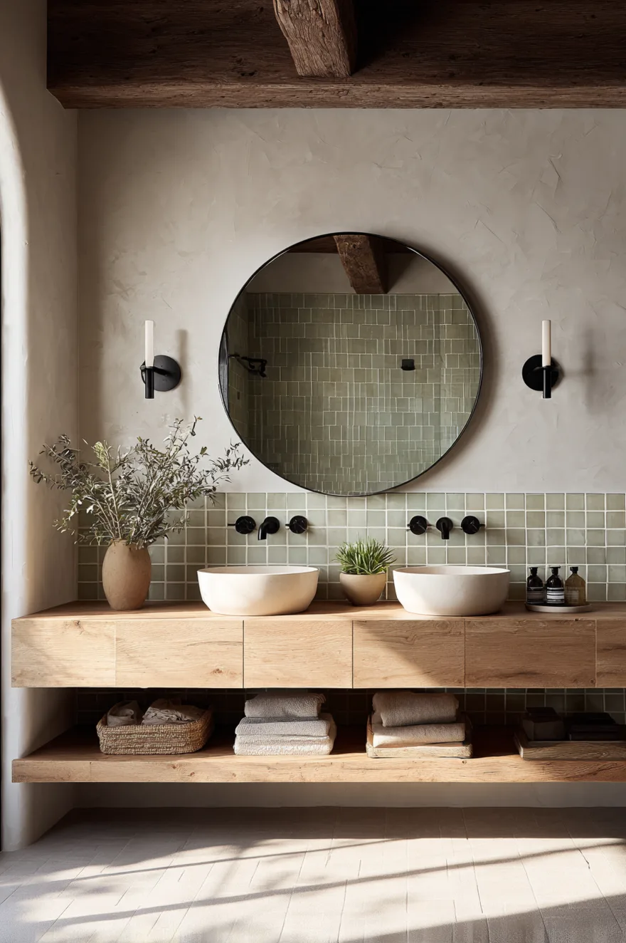 A minimalist bathroom setup with a thick floating light wood vanity shelf and a matching lower shelf for storing towels and baskets. Two white basin sinks sit against a lower backsplash of pale green square tiles, topped with a large round mirror and minimal black wall sconces.