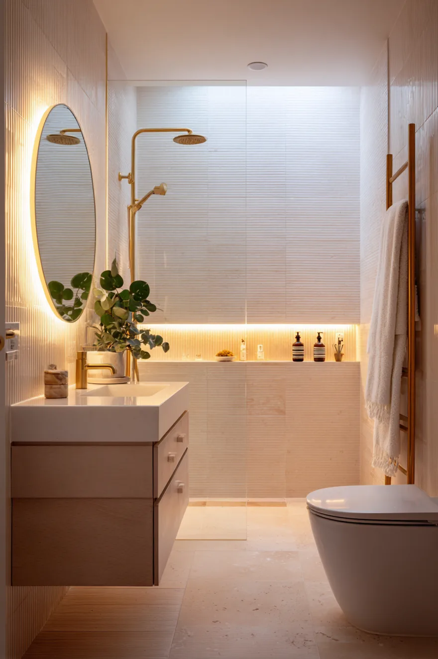 A narrow bathroom completely clad in textured cream vertical tiles. A large oval mirror is backlit with warm LED light above a light wood vanity. A glass shower partition reveals brilliant gold shower fixtures. A warm LED strip illuminates a long recessed ledge running along the shower and toilet wall.