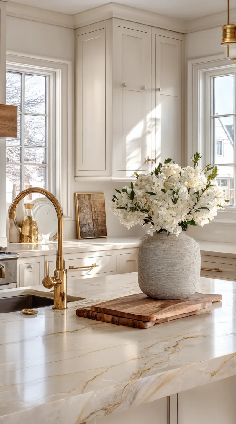 Taj Mahal quartzite countertop island with gold bridge faucet and large white floral arrangement.