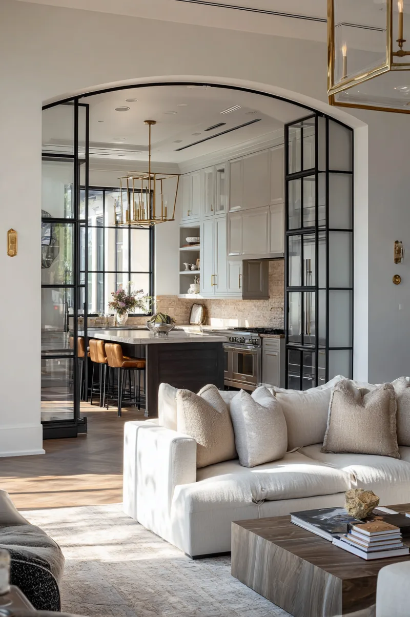 Elegant open kitchen and living room plan with broken-plan elements featuring a glass and black metal partition wall.