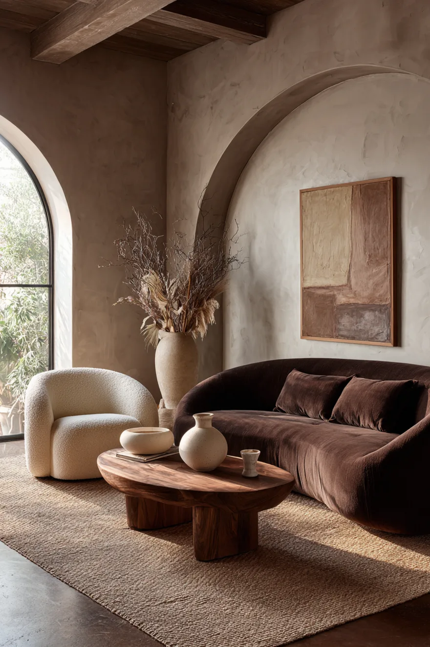 An organic modern living room featuring a curved brown sofa, a raw live-edge wood coffee table, and a rounded textured accent chair against neutral beige walls.
