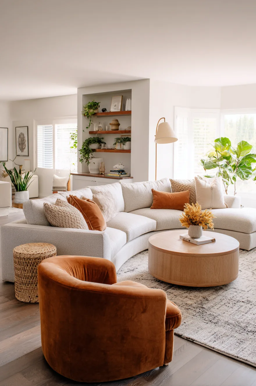 A curved light beige sectional sofa facing a round wood coffee table and a rust orange velvet swivel accent chair, set in a bright living room with built in wooden shelves.