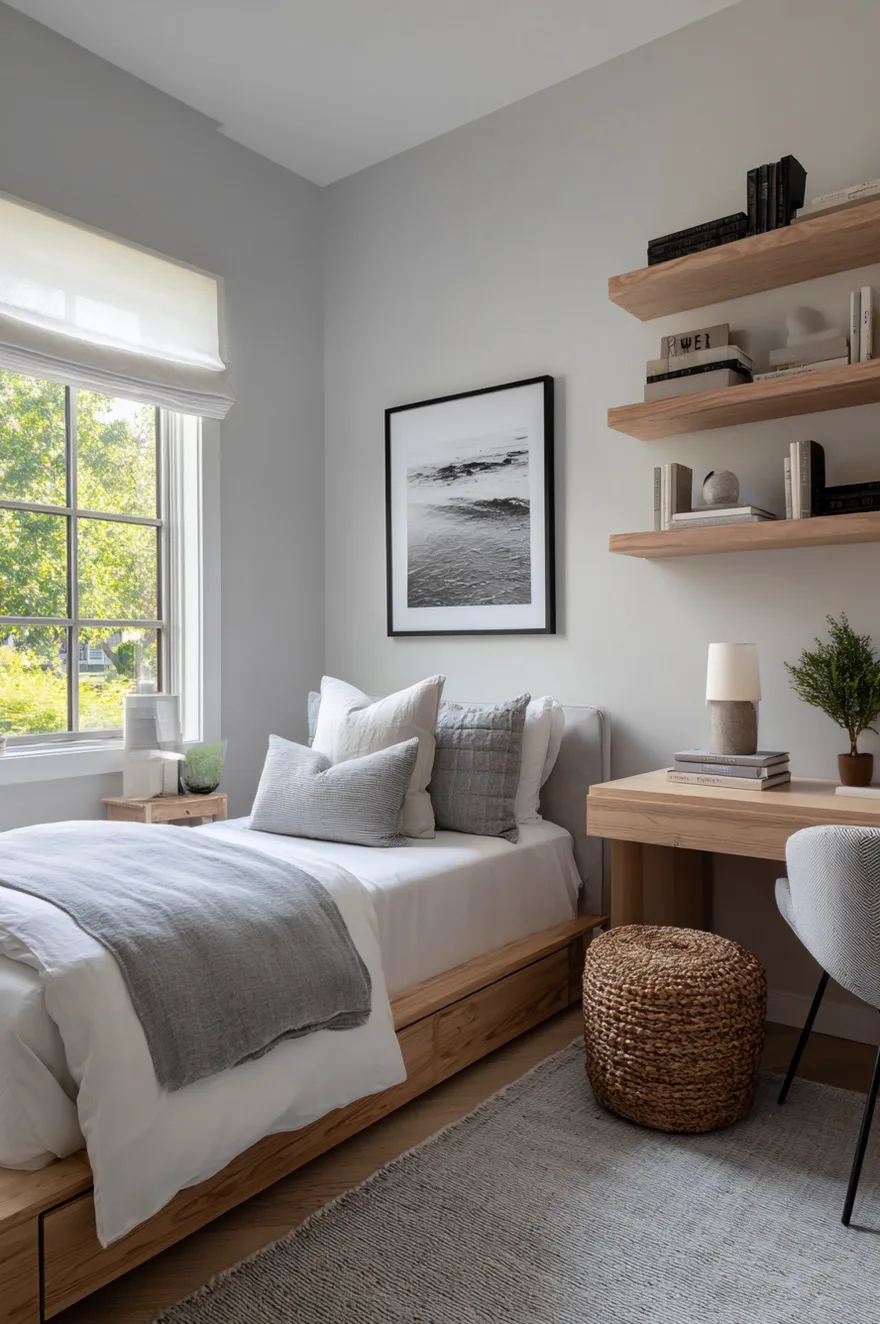 A minimalist and simple boys bedroom featuring a light wood bed frame with crisp white bedding. The white walls are decorated with a single framed landscape print and a minimalist wall sconce.