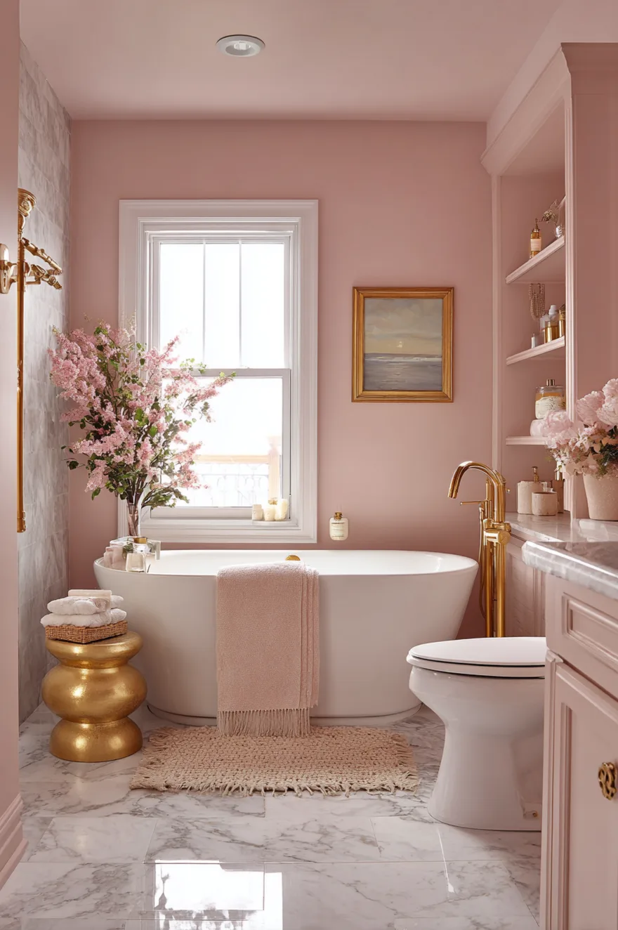 A master bathroom with dusty rose painted walls, a white freestanding soaking tub, a gold tub filler, a gold side table, and pink flowering branches in a vase.