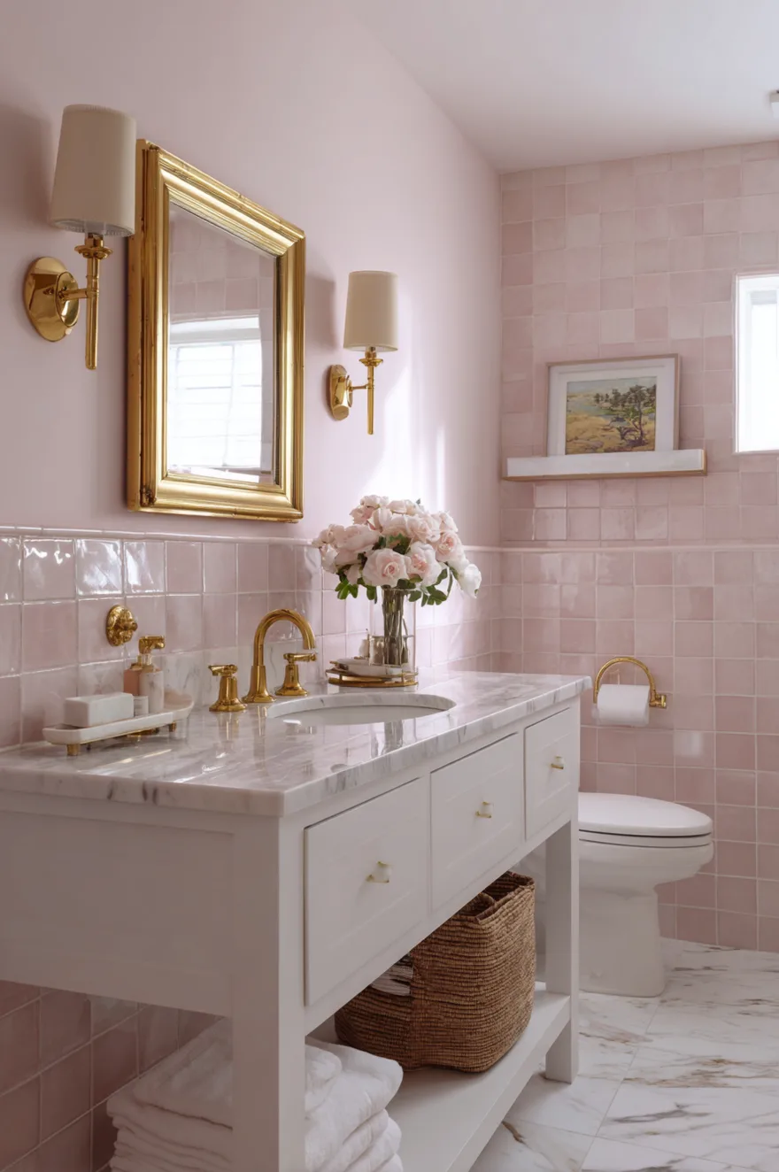 A bathroom featuring blush pink square tiles on the lower half of the wall, light pink paint above, a white vanity with gold hardware, a gold framed mirror, and a vase of pink roses.