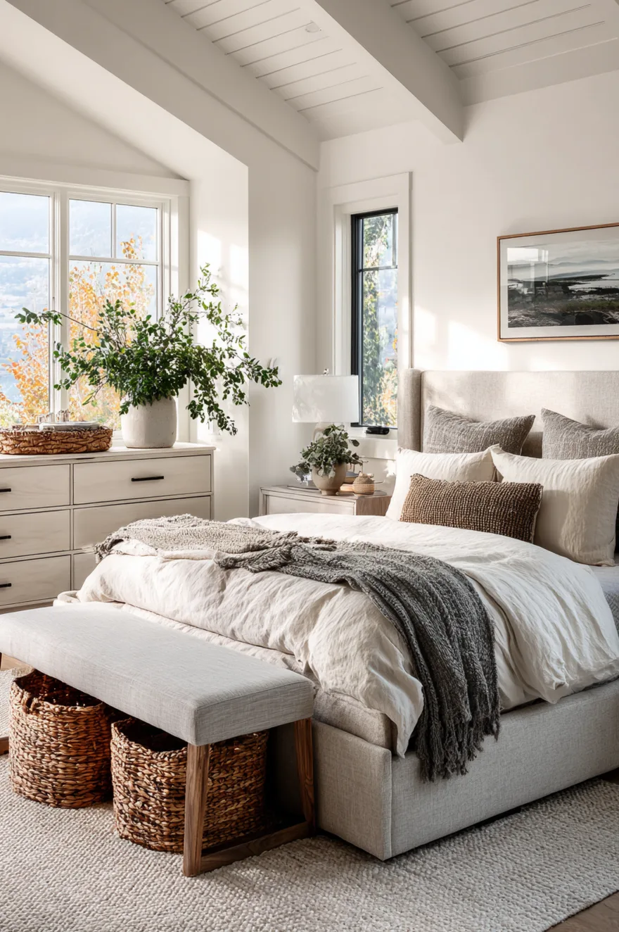 Bedroom interior featuring a large dresser with deep drawers and woven baskets under a bench for extra storage.