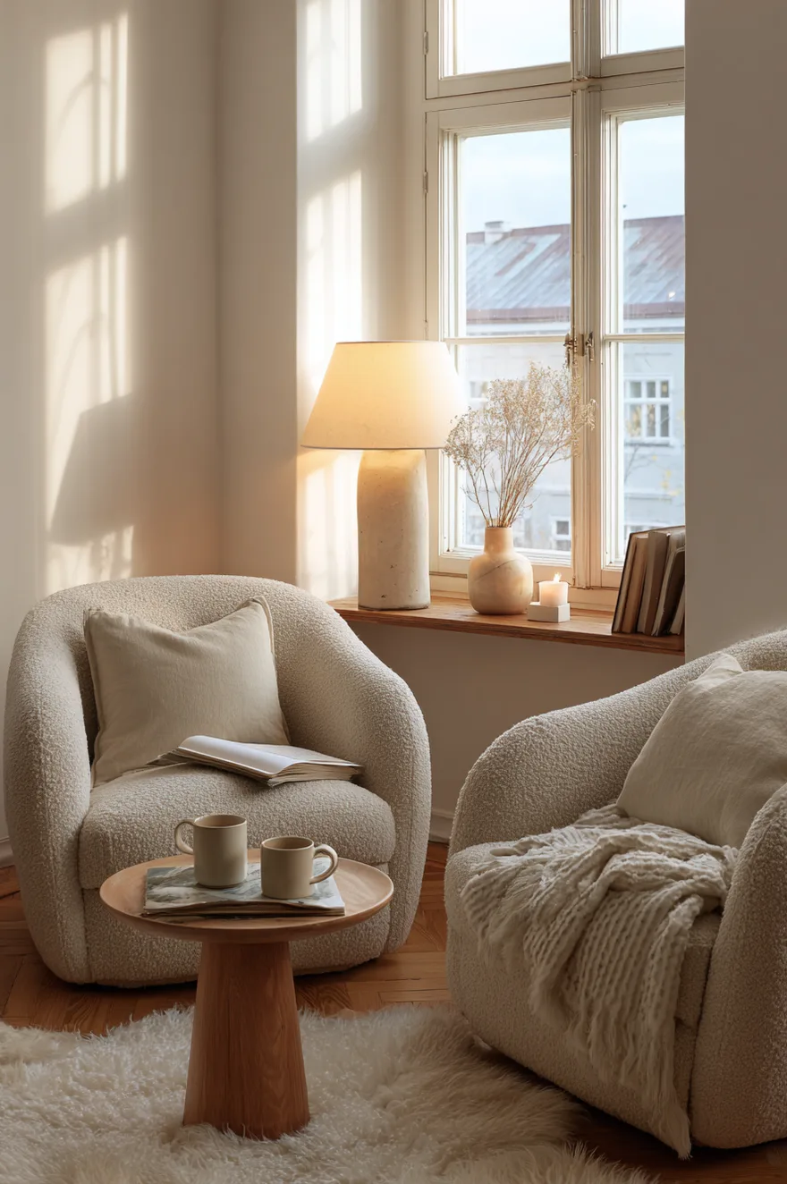 Two rounded, textured white boucle armchairs face each other over a small, smooth wood side table holding two ceramic mugs and a lit candle. A tall, textured white table lamp sits on the wooden windowsill behind the chairs, illuminating a vase of dried flowers against the backdrop of a multi-paned window.