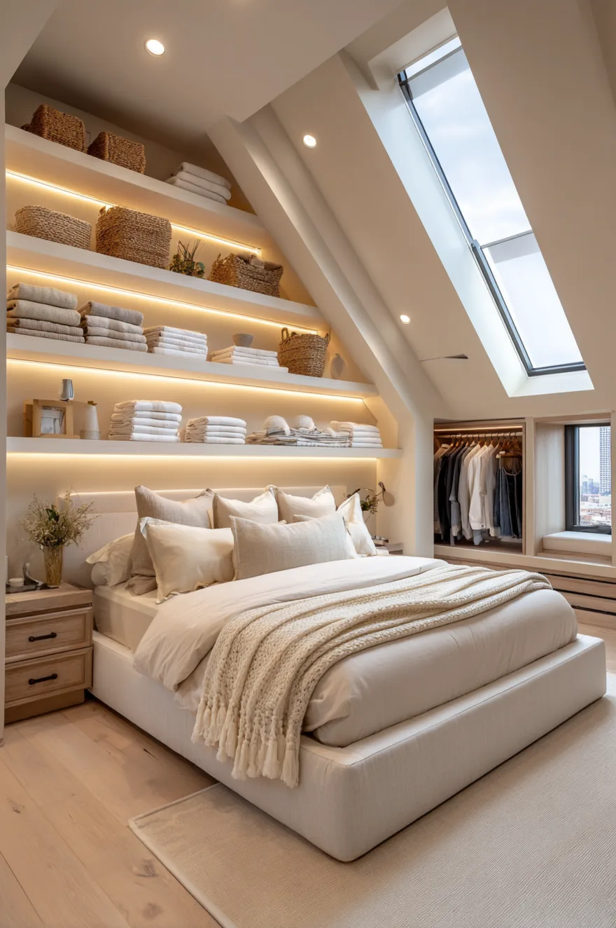A bright and airy attic bedroom featuring long, custom built-in shelves following the slanted ceiling, illuminated by warm LED strips. A large skylight lets in natural light above a white upholstered bed. A small built-in closet area with hanging clothes is visible in the background near a window.