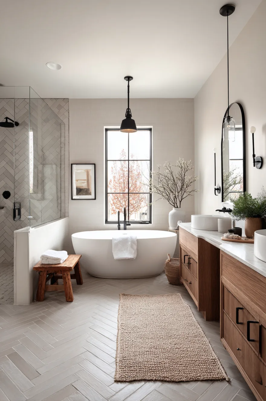 A spacious bathroom featuring a light gray herringbone floor, a white freestanding tub near a window, a walk in shower with a half wall and glass, and a wood double vanity.