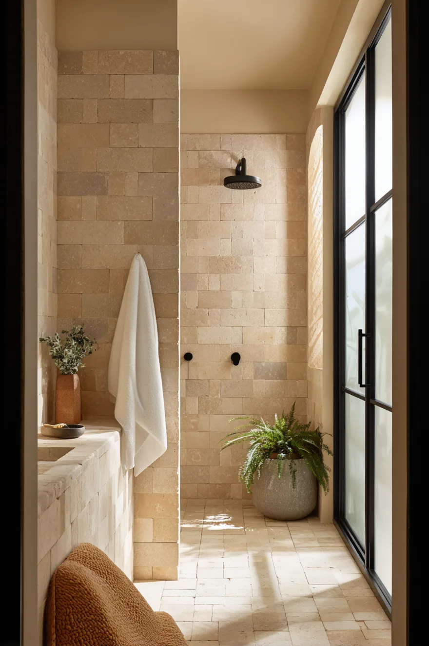 Large-format honed travertine tiles in running bond on the floor and shower wall with tone-matched grout, matte black fixtures, and a single trailing plant in a stone planter.