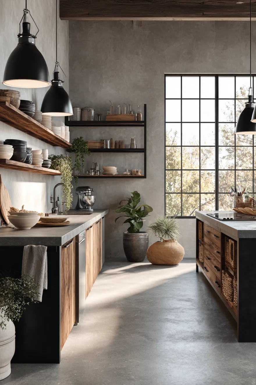 Large-format concrete-look porcelain matte kitchen floor with near-seamless joints beside open steel shelving, black industrial pendants, and a raw oak cutting board.