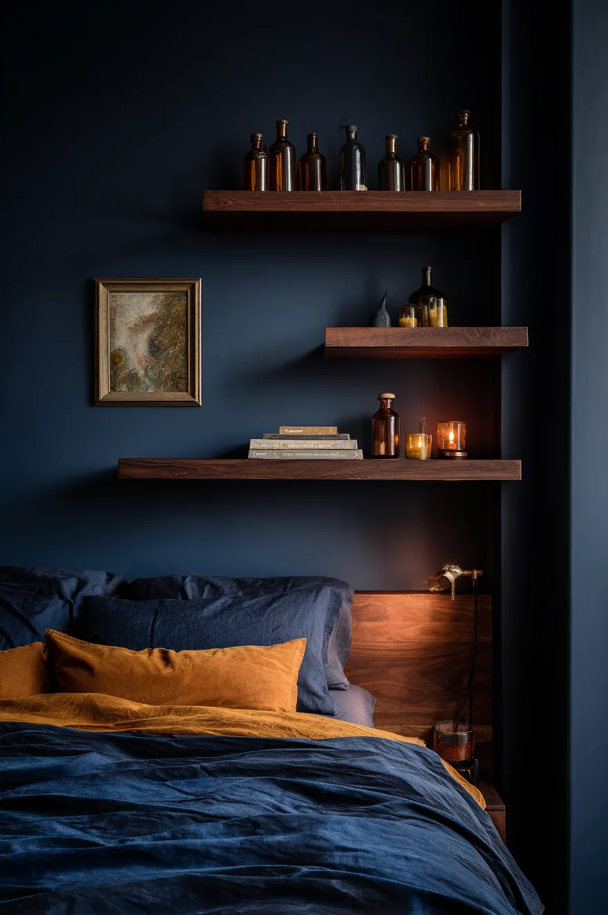 Three staggered walnut floating shelves on an inky navy bedroom wall with amber glass bottles catching low lamplight and a small oil painting propped on the middle shelf.